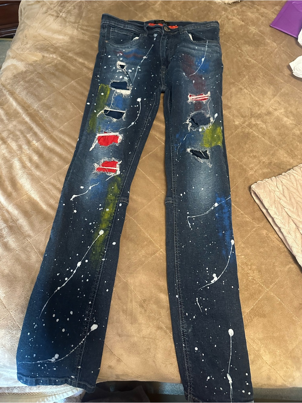 Women’s Distressed Paint-Splatter Jeans - Navy with Red & White Accents